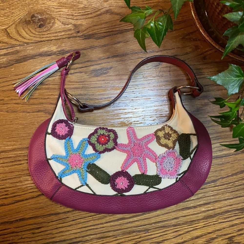 Embroidered Canvas and Vinyl Shoulder Bag